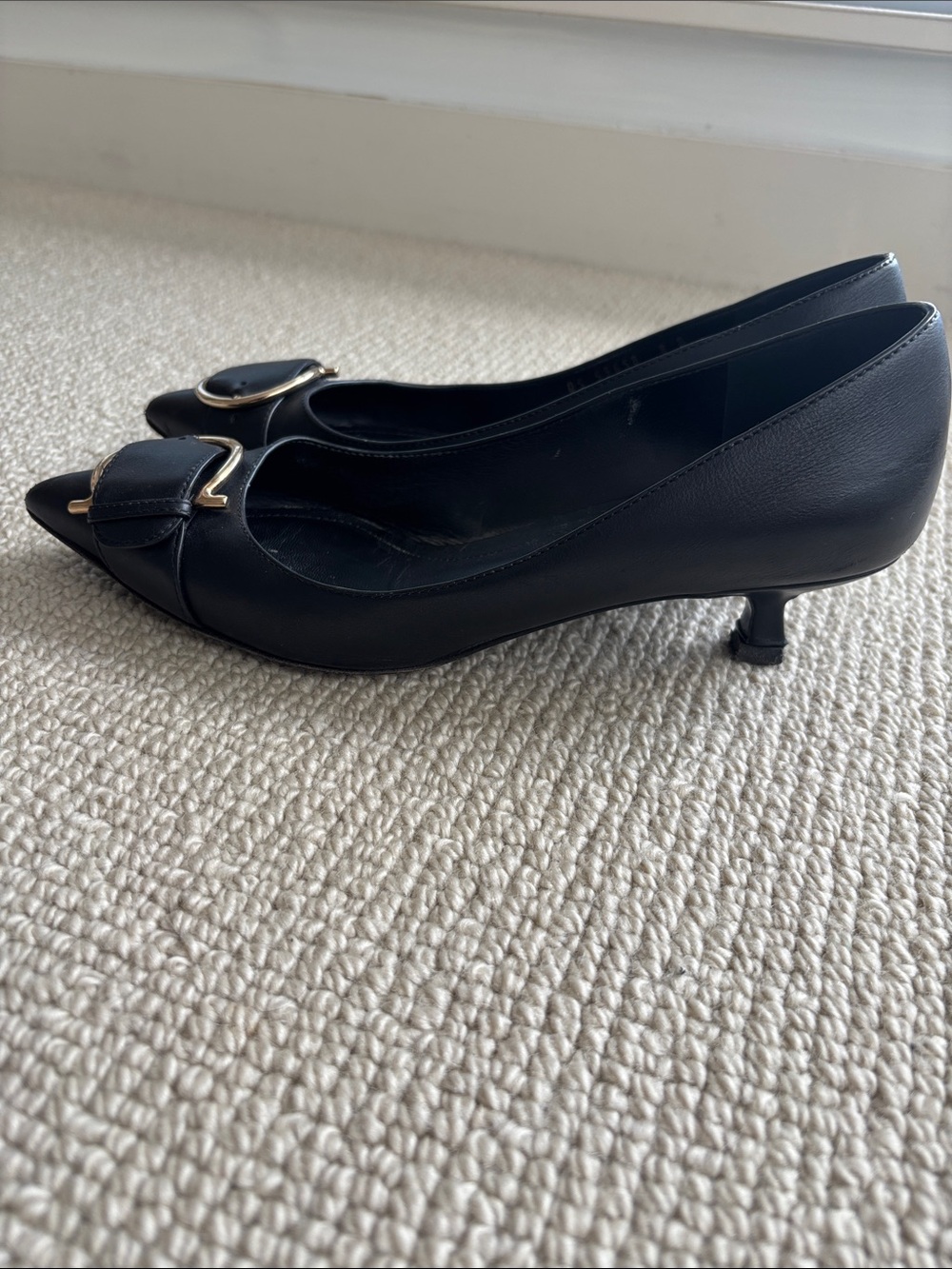 Salvatore Ferragamo Black Pointed Leather Flats with Gold Circular Buckle Accent - Picture 4 of 7